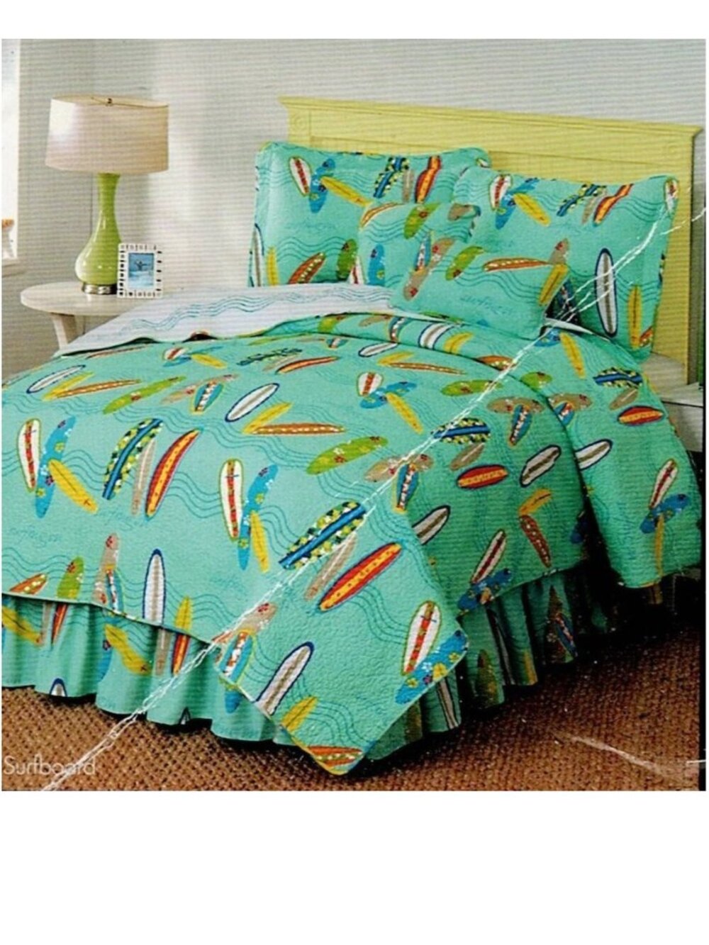 new~FULL COTTON Quilted quilt+shams+bed skirt+pillows set~Surfboard surfing~6pc
